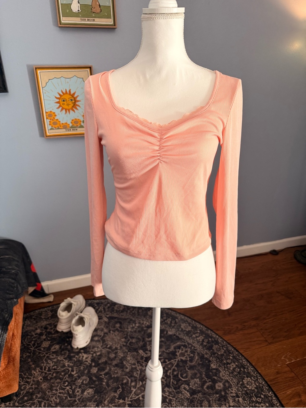ROMWE Peach Ribbed Long-Sleeve Ruched Scoop Top